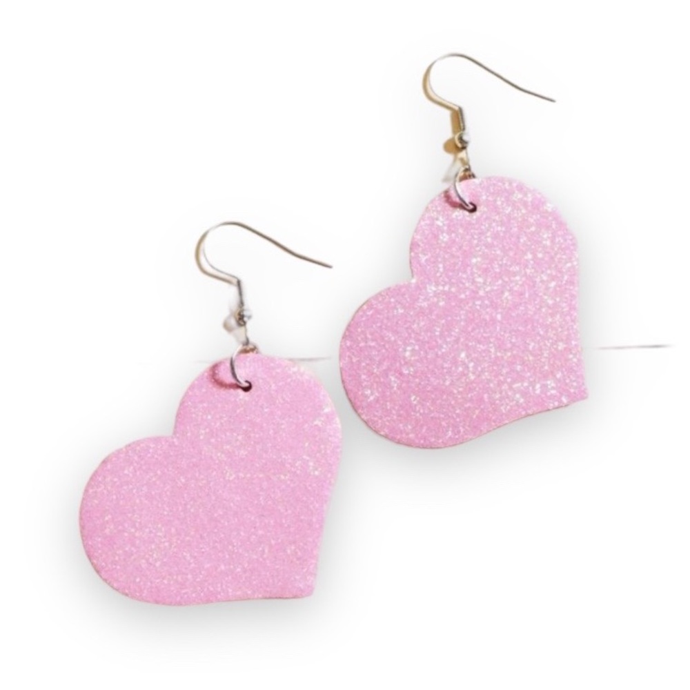 New Handmade Faux Leather Glitter Light Pink Heart Sterling Silver Earrings